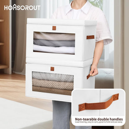 Large Closet Storage Organizer - Clothes Storage Bins with Handles & Window, Collapsible Decorative Boxes with Lids, Fabric Containers for Living Room, Dorm, Beige