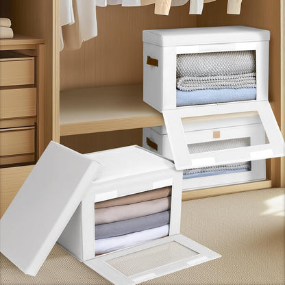 Large Closet Storage Organizer - Clothes Storage Bins with Handles & Window, Collapsible Decorative Boxes with Lids, Fabric Containers for Living Room, Dorm, Beige
