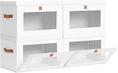 Large Closet Storage Organizer - Clothes Storage Bins with Handles & Window, Collapsible Decorative Boxes with Lids, Fabric Containers for Living Room, Dorm, Beige