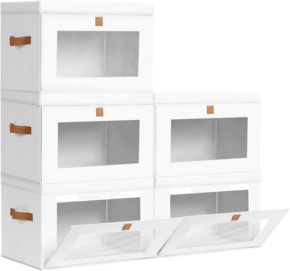 Large Closet Storage Organizer - Clothes Storage Bins with Handles & Window, Collapsible Decorative Boxes with Lids, Fabric Containers for Living Room, Dorm, Beige