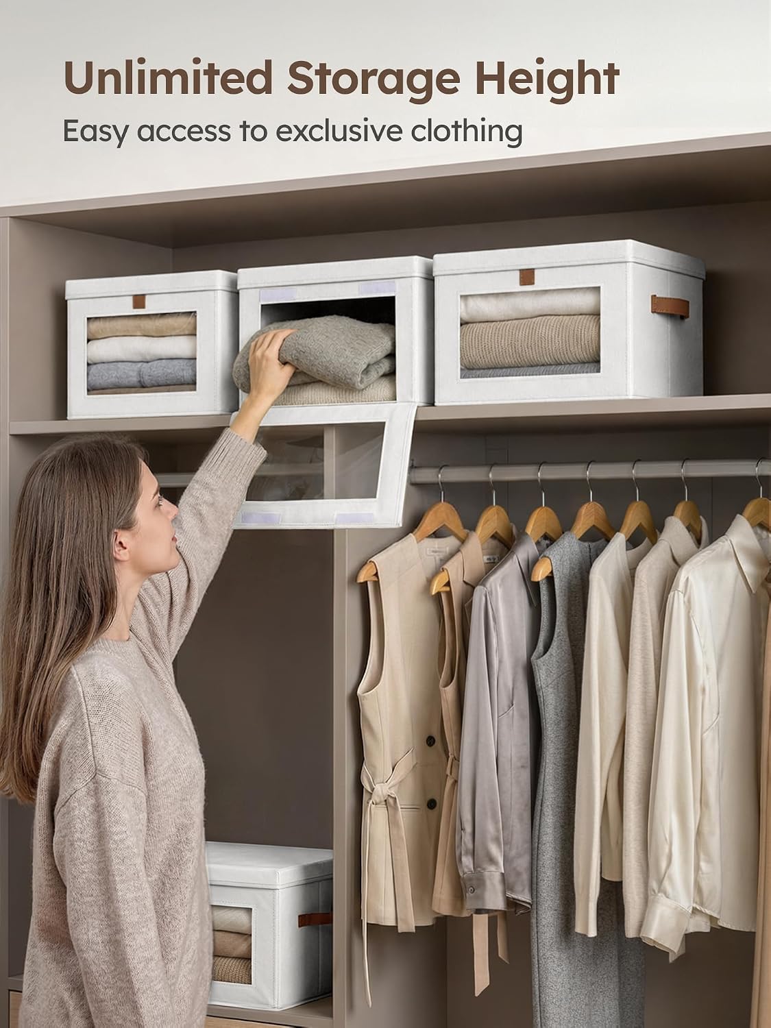 Large Closet Storage Organizer - Clothes Storage Bins with Handles & Window, Collapsible Decorative Boxes with Lids, Fabric Containers for Living Room, Dorm, Beige