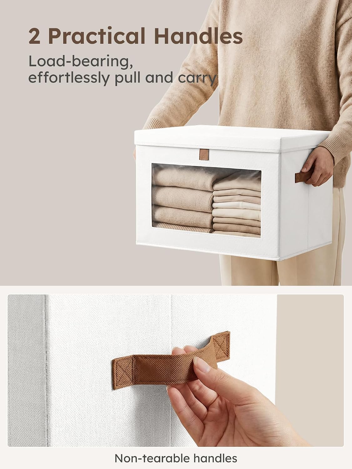 Large Closet Storage Organizer - Clothes Storage Bins with Handles & Window, Collapsible Decorative Boxes with Lids, Fabric Containers for Living Room, Dorm, Beige