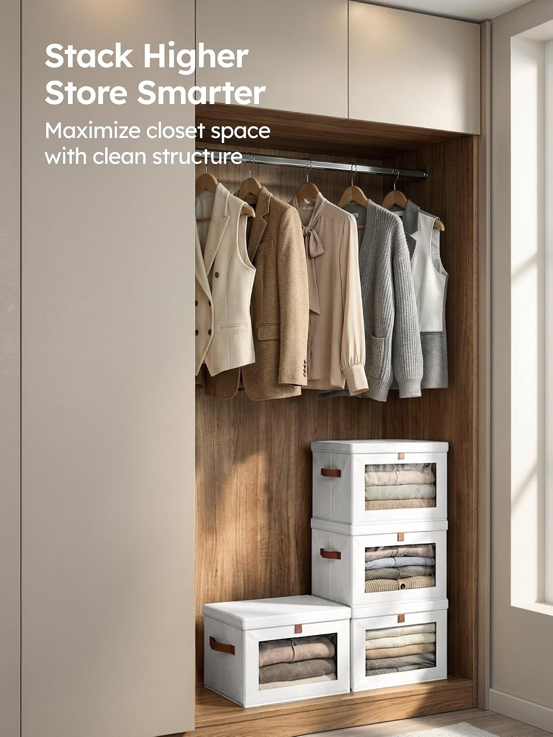 Large Closet Storage Organizer - Clothes Storage Bins with Handles & Window, Collapsible Decorative Boxes with Lids, Fabric Containers for Living Room, Dorm, Beige