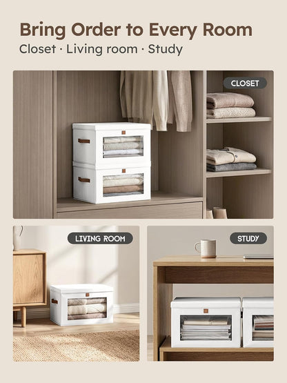 Large Closet Storage Organizer - Clothes Storage Bins with Handles & Window, Collapsible Decorative Boxes with Lids, Fabric Containers for Living Room, Dorm, Beige