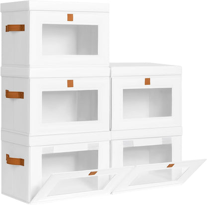 Large Closet Storage Organizer - Clothes Storage Bins with Handles & Window, Collapsible Decorative Boxes with Lids, Fabric Containers for Living Room, Dorm, Beige