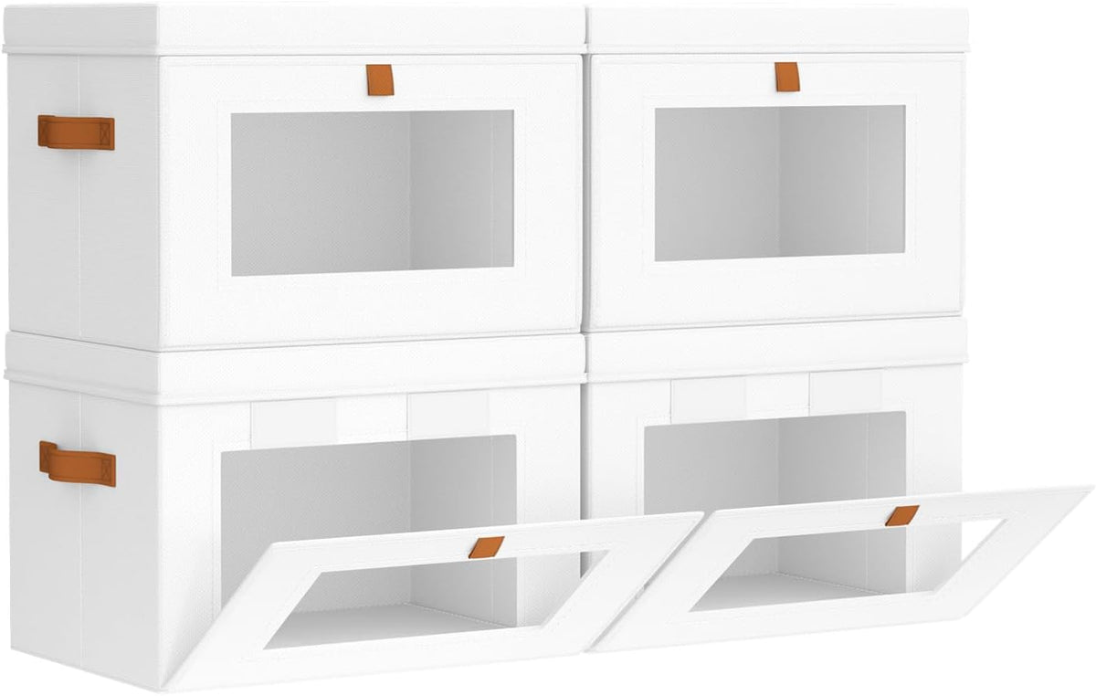 Large Closet Storage Organizer - Clothes Storage Bins with Handles & Window, Collapsible Decorative Boxes with Lids, Fabric Containers for Living Room, Dorm, Beige