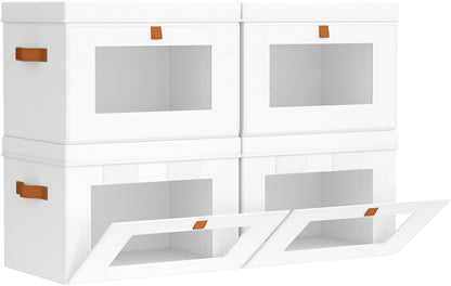 Large Closet Storage Organizer - Clothes Storage Bins with Handles & Window, Collapsible Decorative Boxes with Lids, Fabric Containers for Living Room, Dorm, Beige