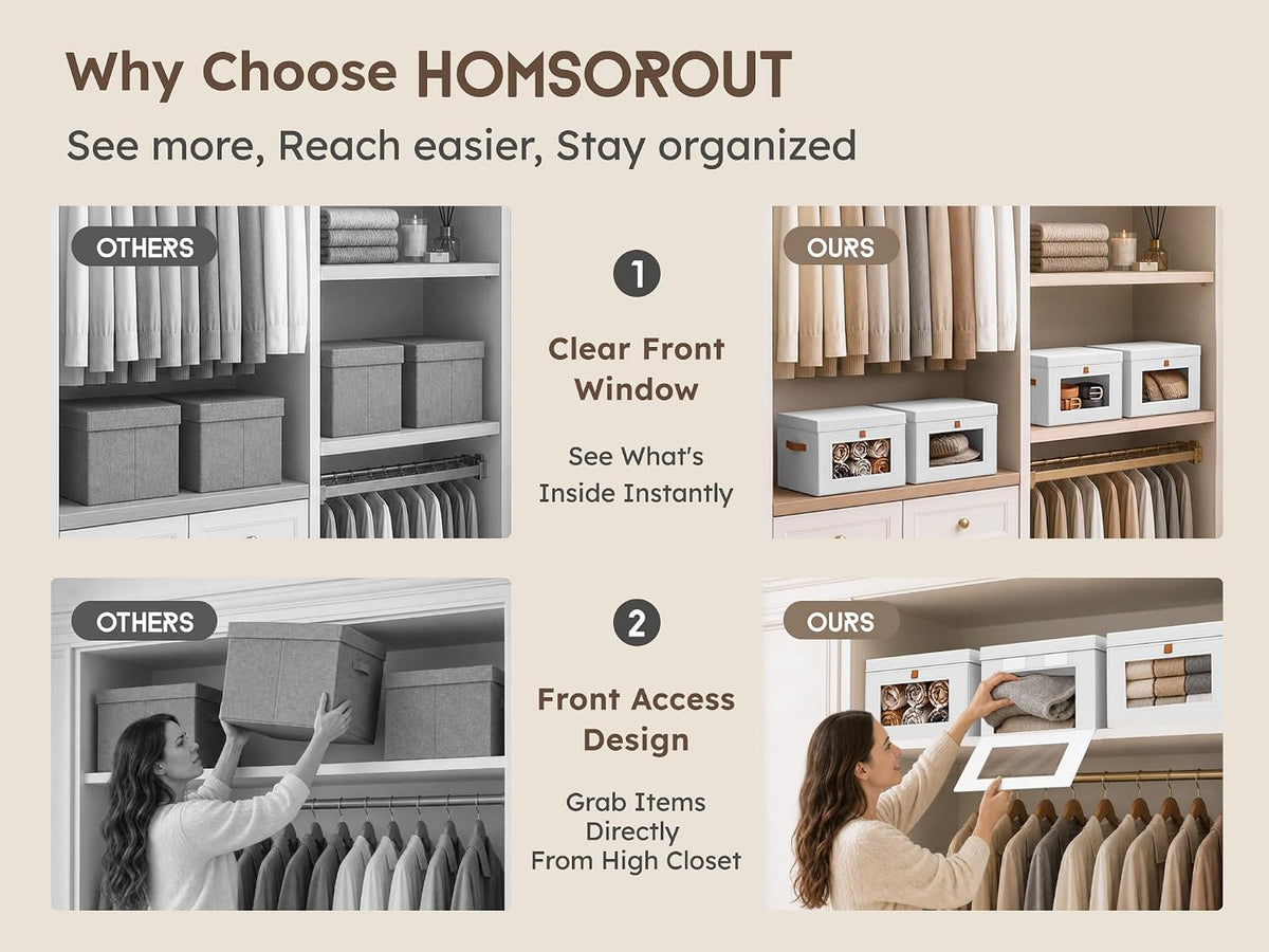 Large Closet Storage Organizer - Clothes Storage Bins with Handles & Window, Collapsible Decorative Boxes with Lids, Fabric Containers for Living Room, Dorm, Beige