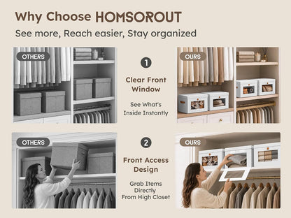 Large Closet Storage Organizer - Clothes Storage Bins with Handles & Window, Collapsible Decorative Boxes with Lids, Fabric Containers for Living Room, Dorm, Beige