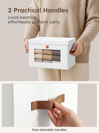Large Closet Storage Organizer - Clothes Storage Bins with Handles & Window, Collapsible Decorative Boxes with Lids, Fabric Containers for Living Room, Dorm, Beige