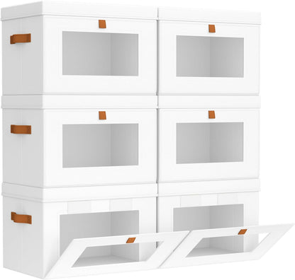 Large Closet Storage Organizer - Clothes Storage Bins with Handles & Window, Collapsible Decorative Boxes with Lids, Fabric Containers for Living Room, Dorm, Beige