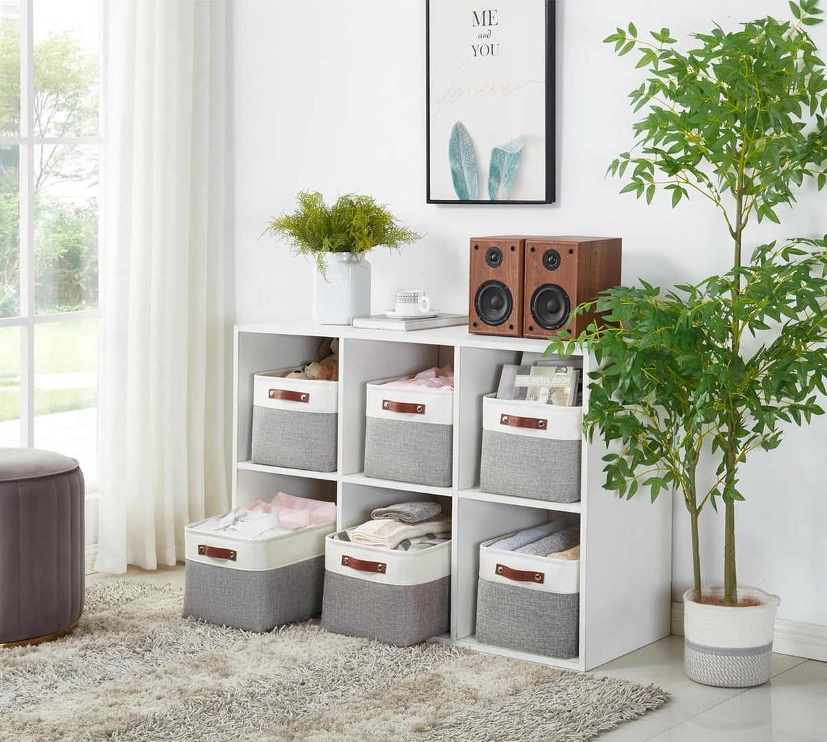 DECOMOMO Storage Bins, Large Fabric Storage Baskets for Shelves, Decorative Linen Closet Organizer, 15 x 11 x 9.5 inches (Beige & White, 3 Pack)