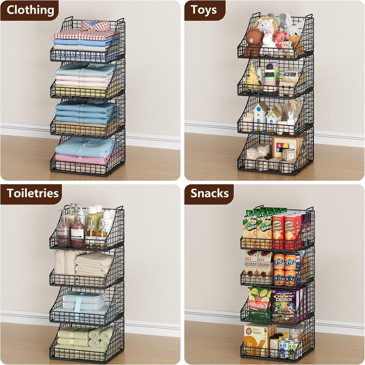 Lyuwanxian 4-Pack Stackable Wire Baskets for Closet Organizers and Storage, Open Storage Bins for Clothes, Toys, and Snacks - Rustic Metal Closet Organizer and Shelves in Black