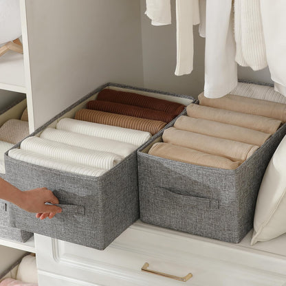 Linen Folding Storage Bins, 3 Pack Large Storage Baskets, Washable, Clothing Storage Bins with Handle, Closet Organizer for Storage Sweater,Sheets(Beige, 18½"x11 x8½)