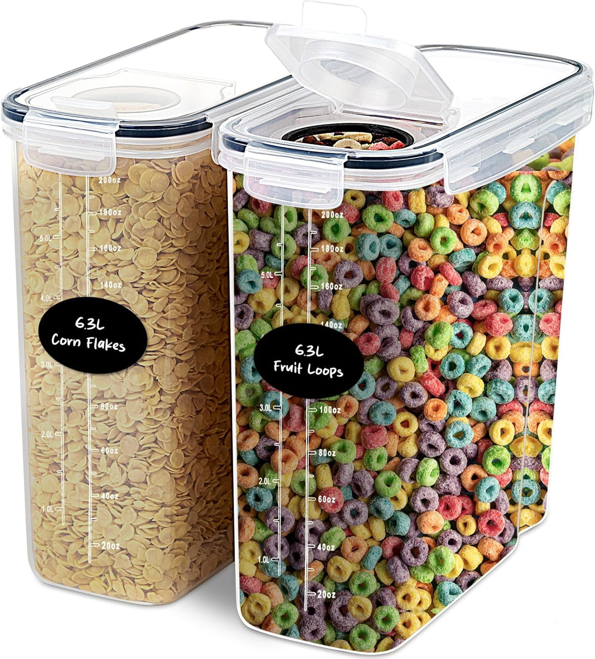DWËLLZA KITCHEN Cereal Containers Storage 4L Set of 4 Airtight Food Storage Containers with Lids Cereal Dispenser Countertop Pantry Organization Canister for Rice Flour & Sugar 1 Marker 8 Labels