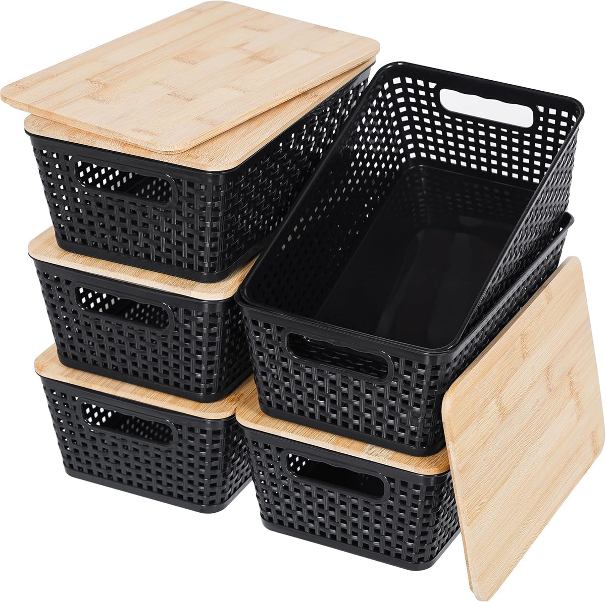 Small Storage Bins with Lids 6 Packs, Plastic Storage Basket with Bamboo Lid for Pantry Organization and Storage Containers for Shelves Drawers Desktop Closet Playroom Office Home, White