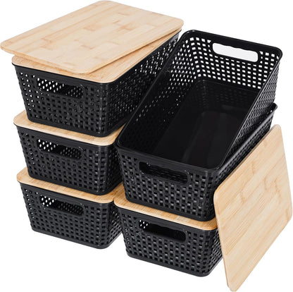 Small Storage Bins with Lids 6 Packs, Plastic Storage Basket with Bamboo Lid for Pantry Organization and Storage Containers for Shelves Drawers Desktop Closet Playroom Office Home, White