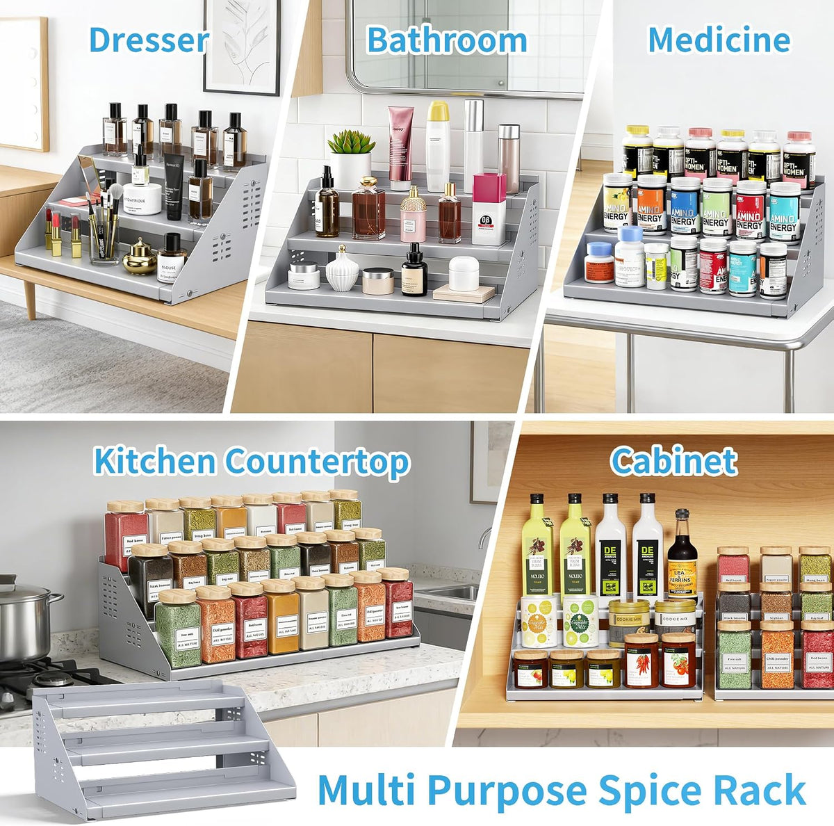 BOIVSHI Spice Rack, Spice Organization for Cabinet - Expandable Width, 3 Tiered Spice Rack Organizer for Cabinet - Adjustable Height, Seasoning Organizer for Cabinet, Countertop, Pantry, White