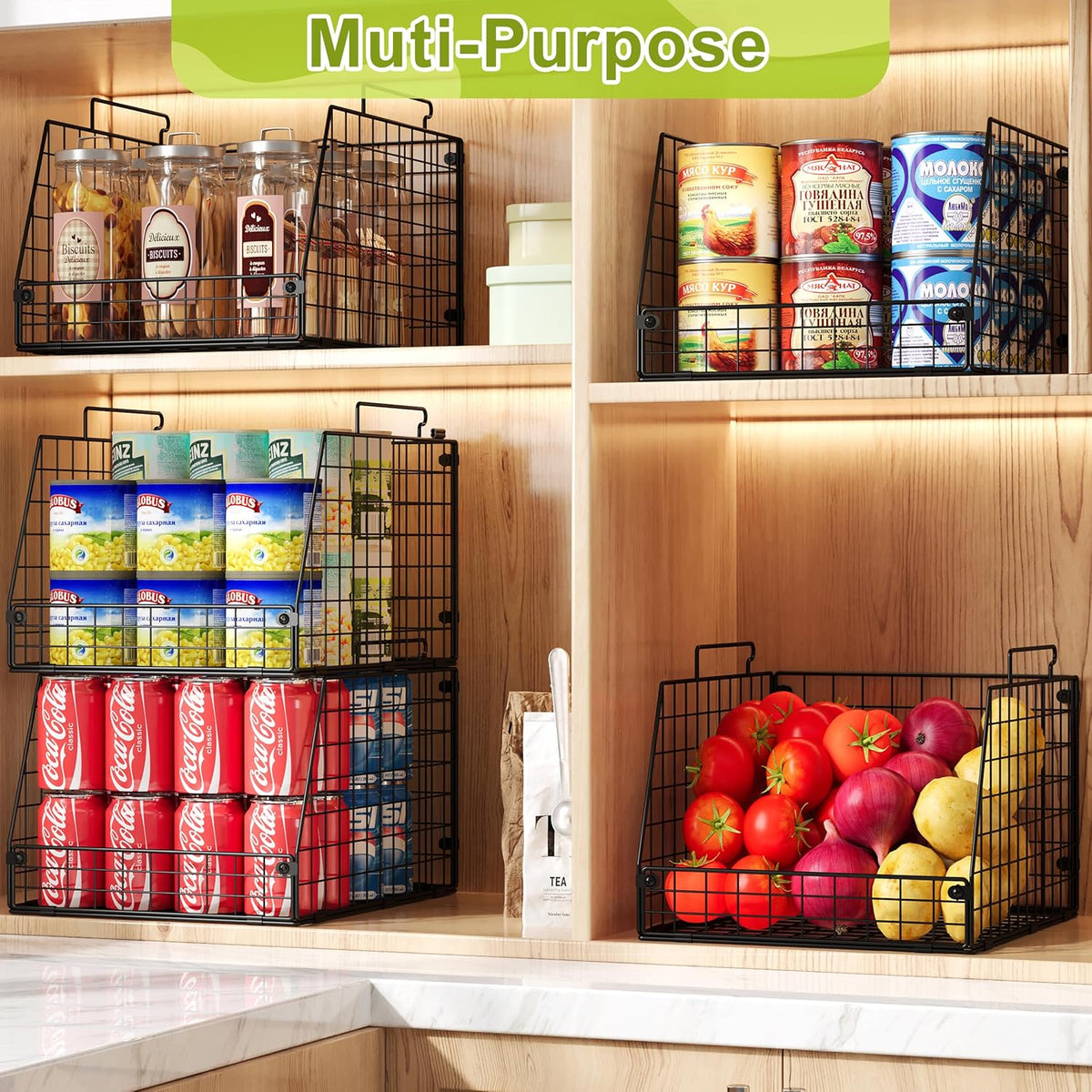 Jakyitvi XXL Stackable Wire Storage Basket, Extra Large Capacity Pantry Organizer and Storage, Muti-Purpose for Fruit Vegetable Basket & Toy Bin & Snack Organizer