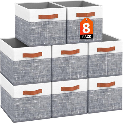 Fab totes Collapsible Storage Baskets for Shelves,14"x10", Foldable Fabric Storage Bins with Double Leather Handles, Large Baskets for Organizing Books, Clothes, White & Grey