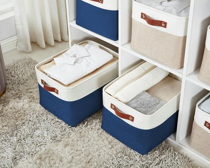 DECOMOMO Storage Bins, Large Fabric Storage Baskets for Shelves, Decorative Linen Closet Organizer, 15 x 11 x 9.5 inches (Beige & White, 3 Pack)