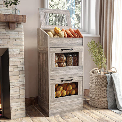 Potato Storage Bin with Lid, Rustic Wooden Onion Storage Bin, Bread Box for Kitchen, Kitchen Decorative Vegetable Storage Cabinet, Rustic Grey HPC001SG