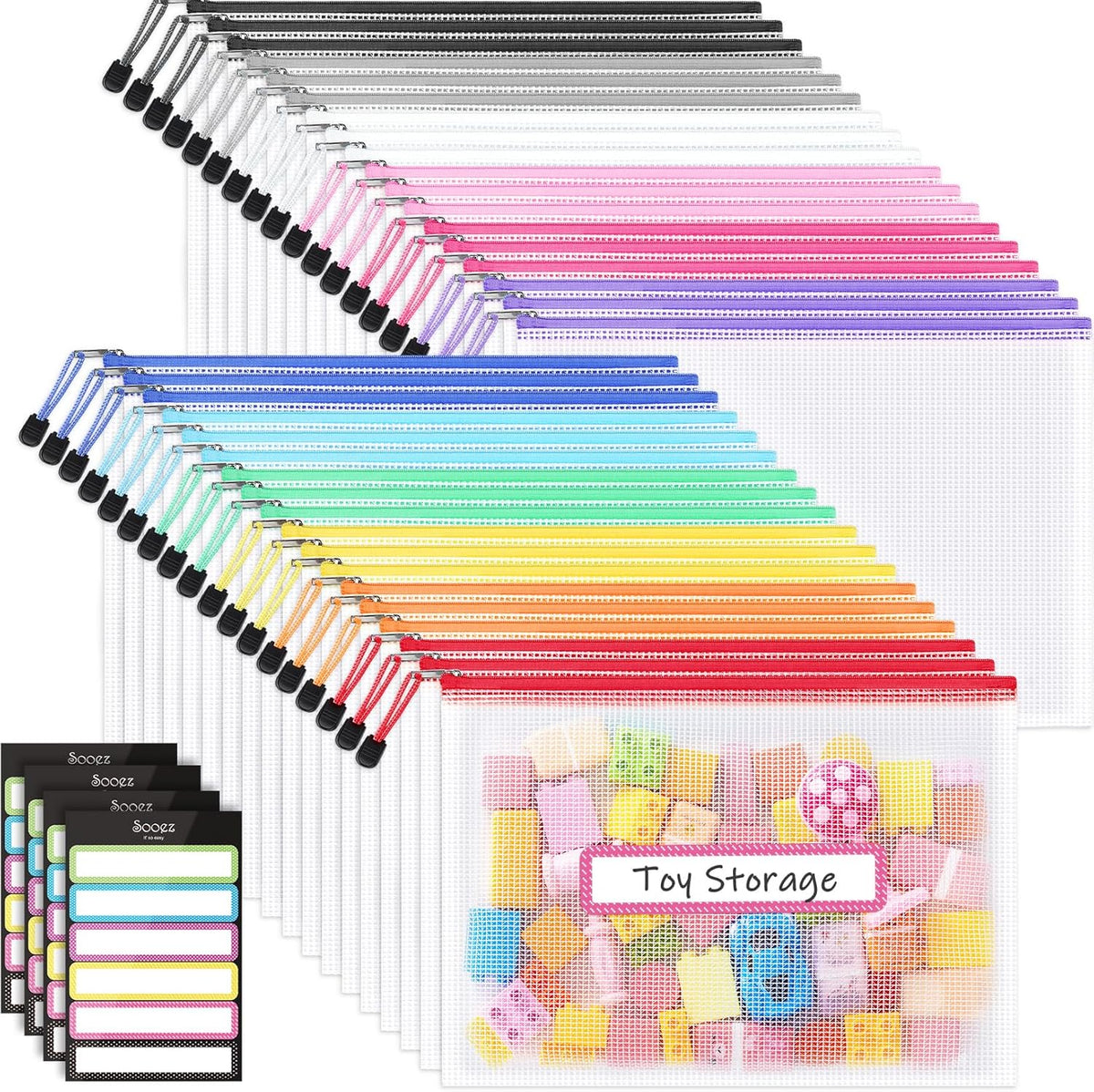 Sooez Mesh Zipper Pouch with Sticky Labels, A4 Mesh Bags, Sturdy Letter Size File Folders Organizer, Office School Classroom Teacher Supplies, Toy Storage Bag Board Game Puzzles Organization