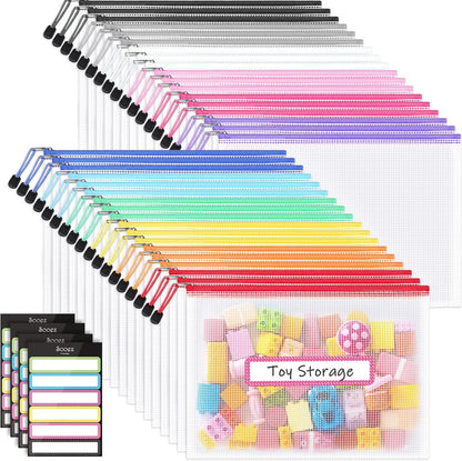Sooez Mesh Zipper Pouch with Sticky Labels, A4 Mesh Bags, Sturdy Letter Size File Folders Organizer, Office School Classroom Teacher Supplies, Toy Storage Bag Board Game Puzzles Organization