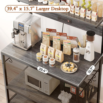 SUPERJARE Kitchen Bakers Rack with Power Outlet, Coffee Bar Table 4 Tiers, Kitchen Microwave Stand with 6 S-shaped Hooks, Storage Shelf Rack for Spices, Pots and Pans - Rustic Brown