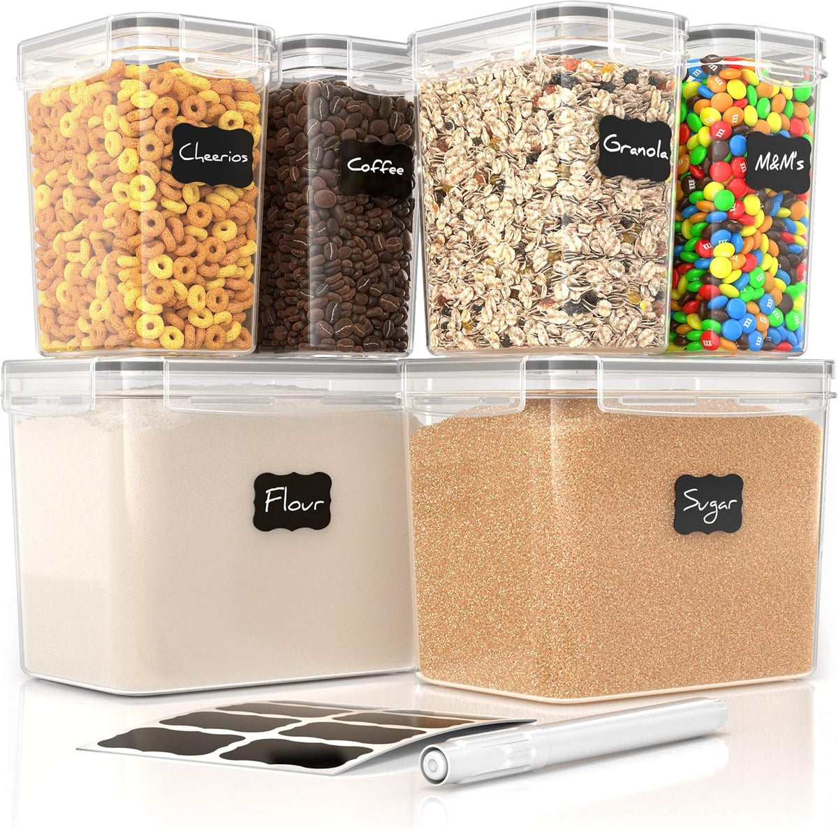 Simply Gourmet Airtight Food Storage Containers with Lids – 7 Piece Assorted Size Kitchen Pantry Organization Set, BPA-Free Clear Plastic, Stackable Containers for Cereal, Flour, Sugar, Rice, Snacks