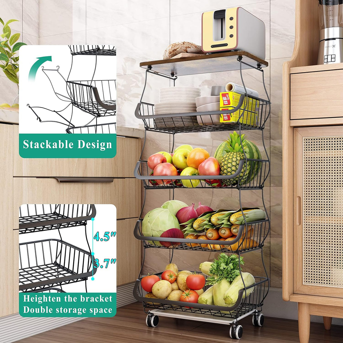 SAYZH Fruit Basket Kitchen Pantry Organizers and Storage - Wooden Top Table, Stackable Metal Wire Basket Stand Cart for Fruit Vegetable Snacks Onion Potato Organization (Black, 5 Tiers)