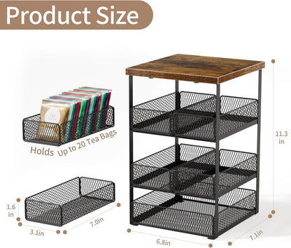 Tea Bag Organizer, 4 Tier Tea Bag Holder with 5 Drawers, Wood and Metal Tea Organizers and Storage Chest for Countertop Kitchen, Office, Brown