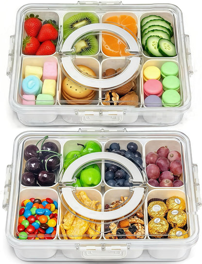 Pure Future Air-Tight Snackle Box Container –Divided Serving Tray with Lid & Handle–Clear Snack box for Fruits, Candy & Nuts–Portable for Travel & Daily Use (8 Inside Containers Dishwasher Safe)