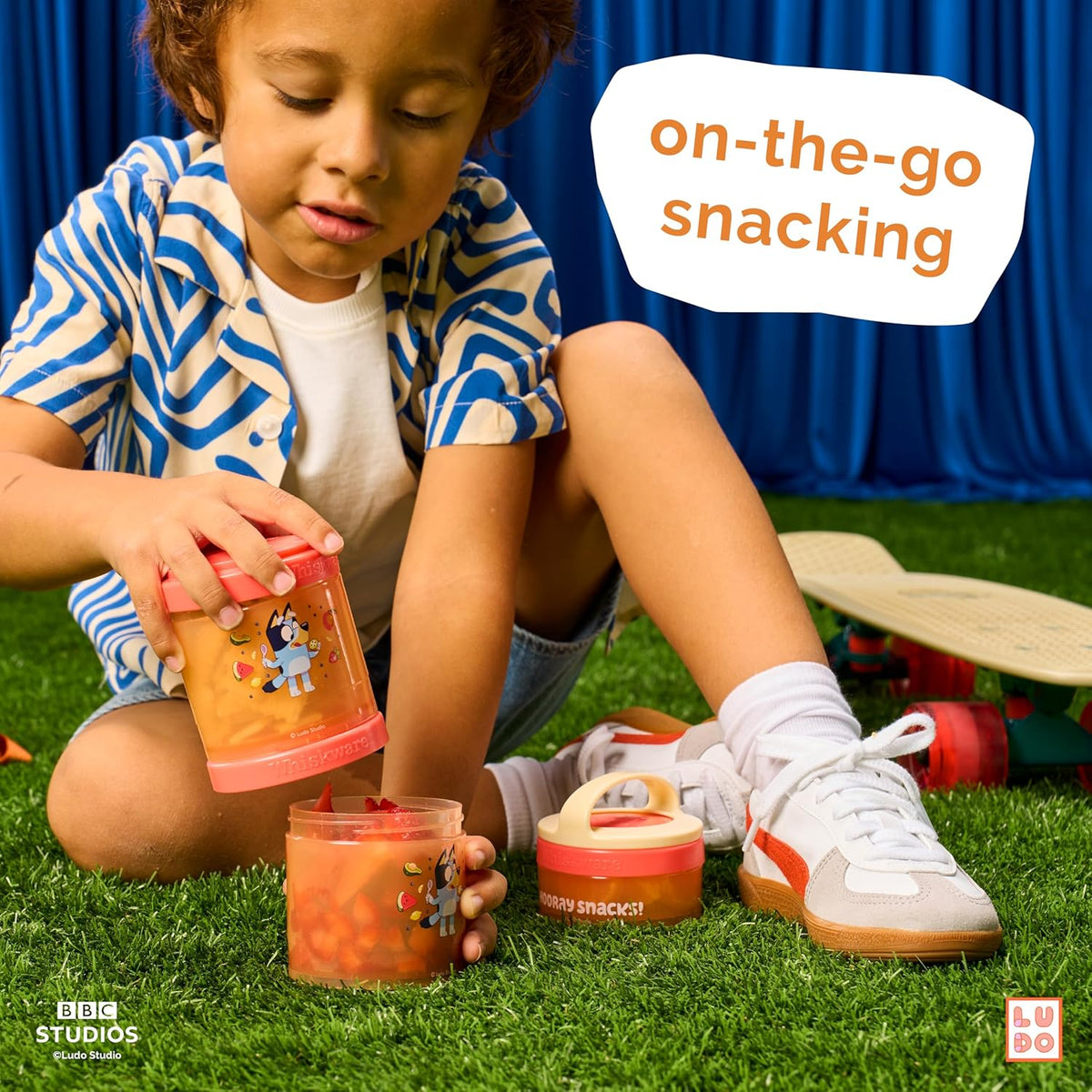 Whiskware Bluey Stackable Snack Containers for Babies, Toddlers, and Kids, 3 Stackable Snack Cups for School and Travel, Cupholder Friendly, Bluey and Bingo! Let’s Do This!