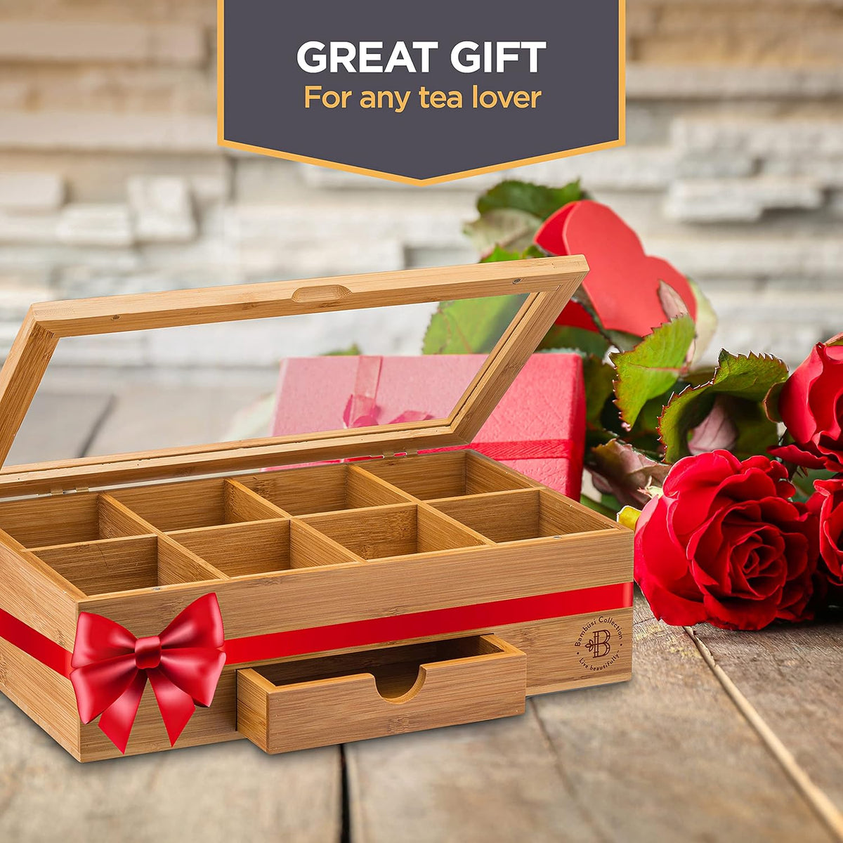 Tea Bag Organizer with Drawer - Bamboo Tea Box Organizer, 8-Compartment Tea Storage Box with Acrylic Lid and Magnetic Closure, Tea Box for Kitchen Counter, Gifts for Mom, Wife, Tea Lovers
