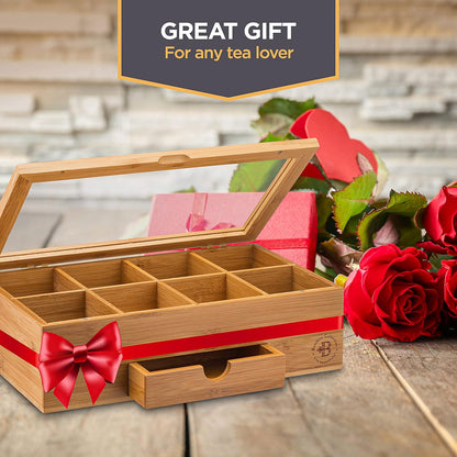 Tea Bag Organizer with Drawer - Bamboo Tea Box Organizer, 8-Compartment Tea Storage Box with Acrylic Lid and Magnetic Closure, Tea Box for Kitchen Counter, Gifts for Mom, Wife, Tea Lovers