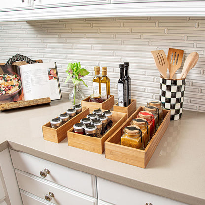 Seville Classics Bamboo Premium Organizer Storage Bins for Kitchen Silverware, Pantry, Closet, Office Desk, Pens, Utensils, Makeup, K Cup, Bamboo, Bag Holder Bin Set