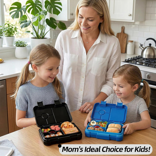 Bento Lunch Box for Kids, 6 Compartments BPA Free, Dishwasher Safe Back to School Snack Bento Lunch Containers Boxes, Ideal Portion Sizes for On-the-Go Meal, Ages 3+, School, Green Patterned