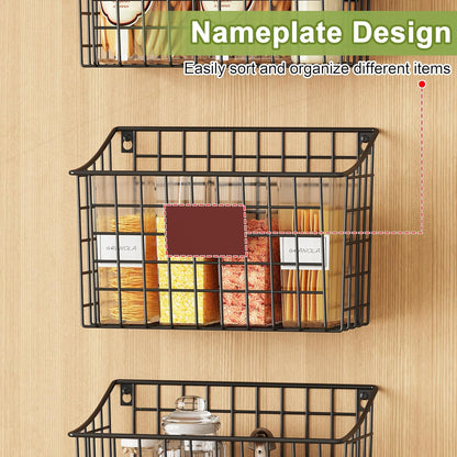 Wall Mounted Bin Basket with 5 Hooks 3 Label Plate Adhesive-3 Pack, Cabinet Hanging Metal Wire Basket,Rustic Farmhouse Decor, Storage Organization Shelf for Pantry Kitchen Bathroom 10.6*7.5*5.1inch
