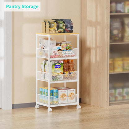 HapiRm Fruit Basket Kitchen Cart - 4-Tier Rolling Storage Cart with Wheels, Fruit Vegetable Basket with Wood Top, Pantry Utility Kitchen Organizer for Fruit Potato Onion Vegetable Bread Snack