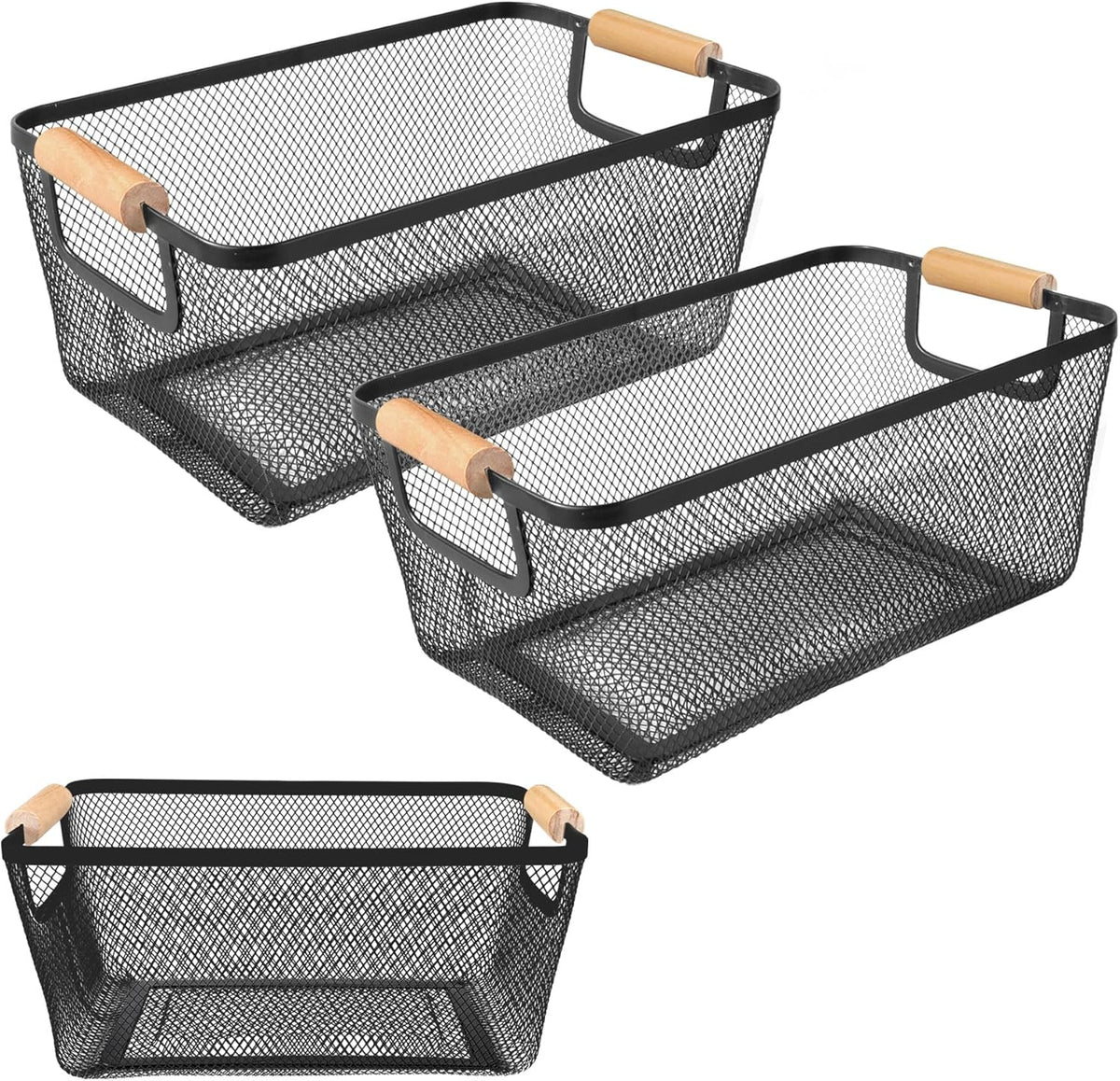 2 Pack 12" Wide Metal Mesh Baskets with Bamboo Handles for Pantry Organization | Wire Storage Bins for Kitchen, Cabinet, Fruit & Snacks | Decorative Farmhouse Style Organizer