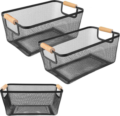 2 Pack 12" Wide Metal Mesh Baskets with Bamboo Handles for Pantry Organization | Wire Storage Bins for Kitchen, Cabinet, Fruit & Snacks | Decorative Farmhouse Style Organizer