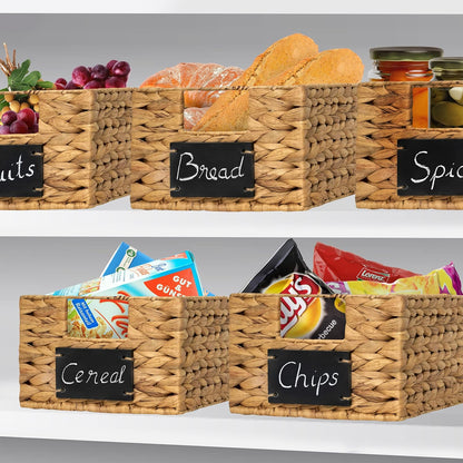 BARIEN 6 Pcs 12" x 9" x 6" Natural Water Hyacinth Woven Storage Baskets, Rectangular Wicker Basket with Built-in Handles, Woven Cube Storage Bin with Chalkboard Label Chalk Marker (Natural - Set of 6)