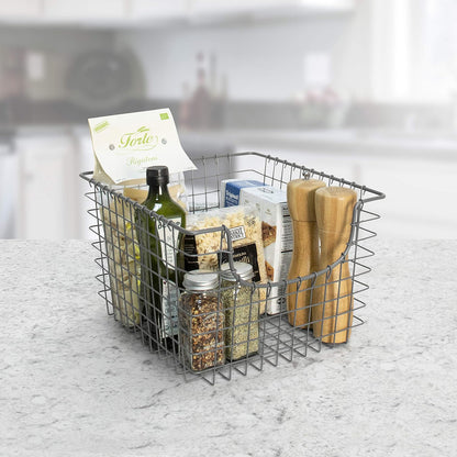 Spectrum Wire Scoop Basket Storage Bin Industrial Gray Medium Metal Wire Basket Organizer for Kitchen Pantry Wire Storage Bins, Heavy Duty Rectangle Wire Storage for Kitchen Organization