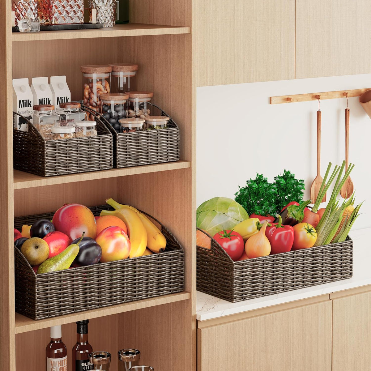 Rattan Storage Baskets, Handwoven Wicker Storage Bins with Built-in Handles, Storage Container Baskets for Shelves, Bedroom, Bathroom, Laundry Room or Kitchen(Natural)