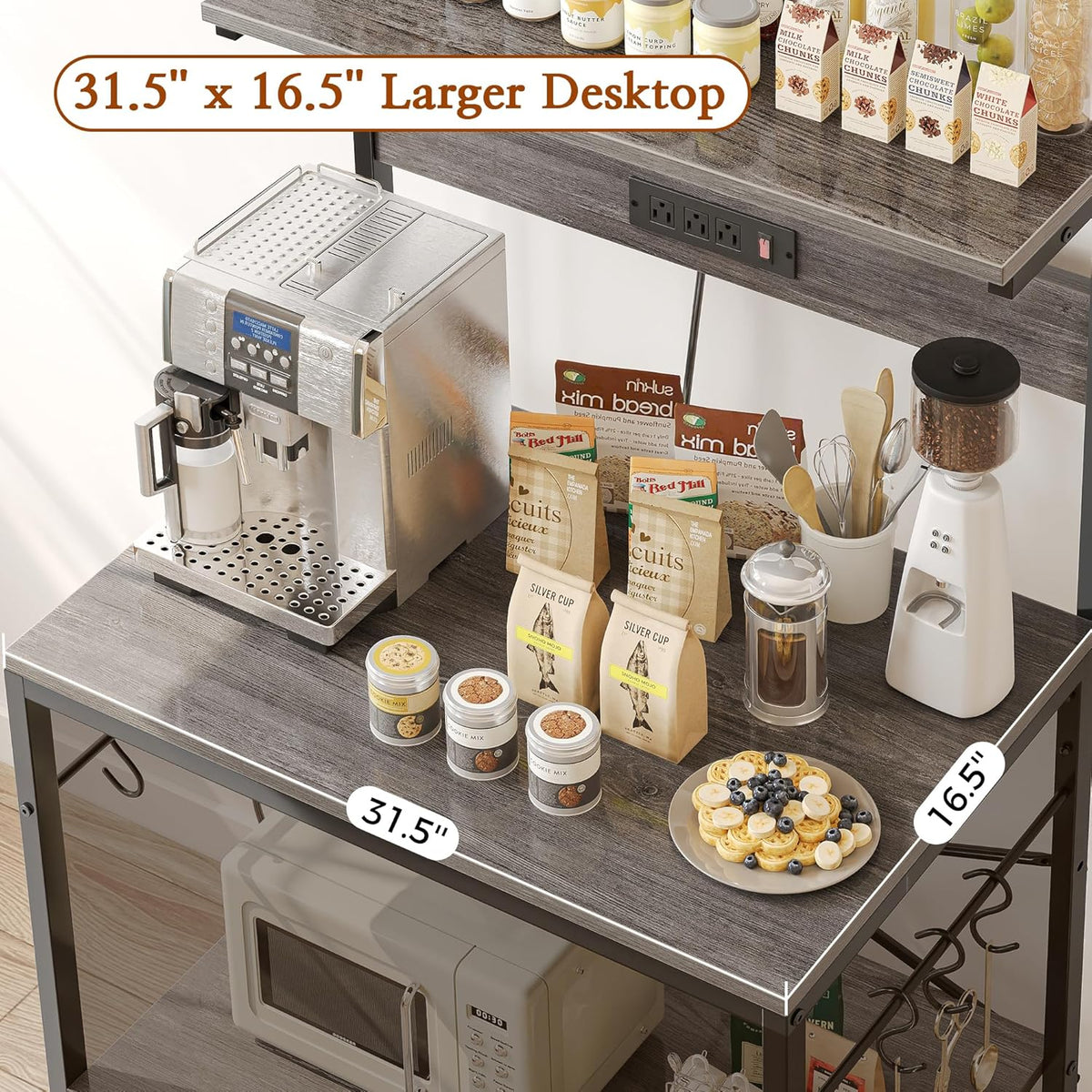 SUPERJARE Kitchen Bakers Rack with Power Outlet, Coffee Bar Table 4 Tiers, Kitchen Microwave Stand with 6 S-shaped Hooks, Storage Shelf Rack for Spices, Pots and Pans - Rustic Brown