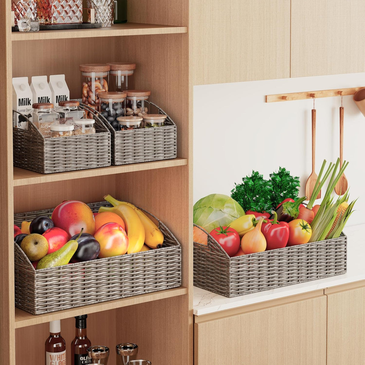 Rattan Storage Baskets, Handwoven Wicker Storage Bins with Built-in Handles, Storage Container Baskets for Shelves, Bedroom, Bathroom, Laundry Room or Kitchen(Natural)