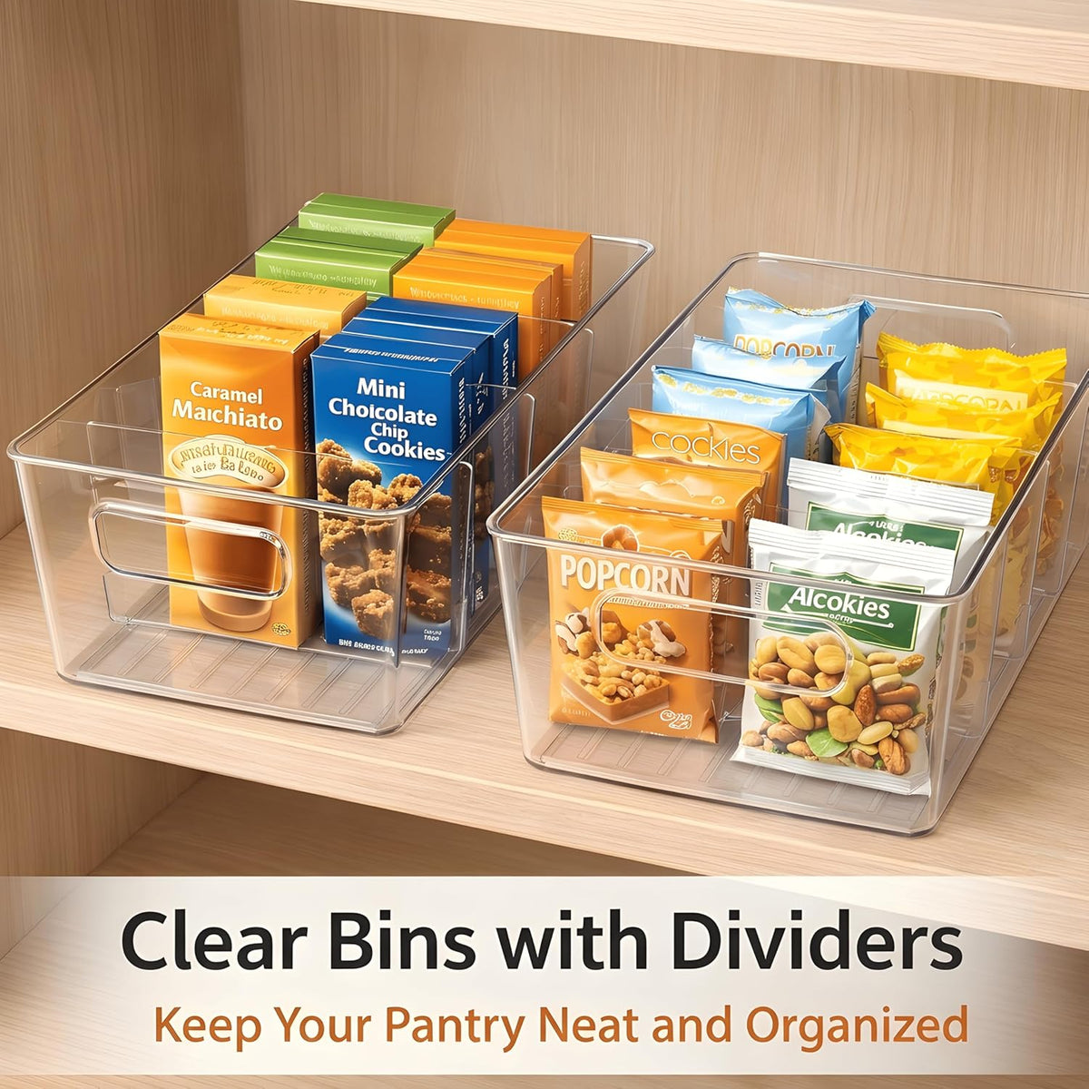 Pantry Organizers and Storage, Food Storage Containers with 3 Removable Divider for Kitchen, Fridge, Cabinet Organization, Clear Plastic Storage Bins for Snacks, Spice Packets, Packets, Pouches