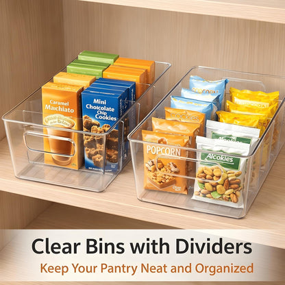 Pantry Organizers and Storage, Food Storage Containers with 3 Removable Divider for Kitchen, Fridge, Cabinet Organization, Clear Plastic Storage Bins for Snacks, Spice Packets, Packets, Pouches