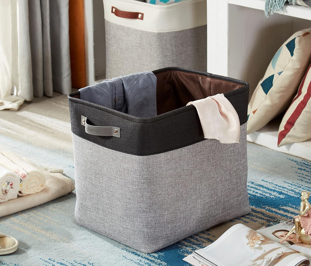 DECOMOMO Storage Bins, Large Fabric Storage Baskets for Shelves, Decorative Linen Closet Organizer, 15 x 11 x 9.5 inches (Beige & White, 3 Pack)